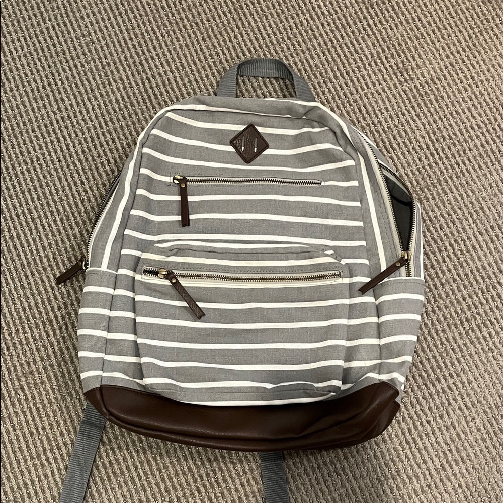 Punctuate Gray Striped Backpack with Brown Accents- NWOT